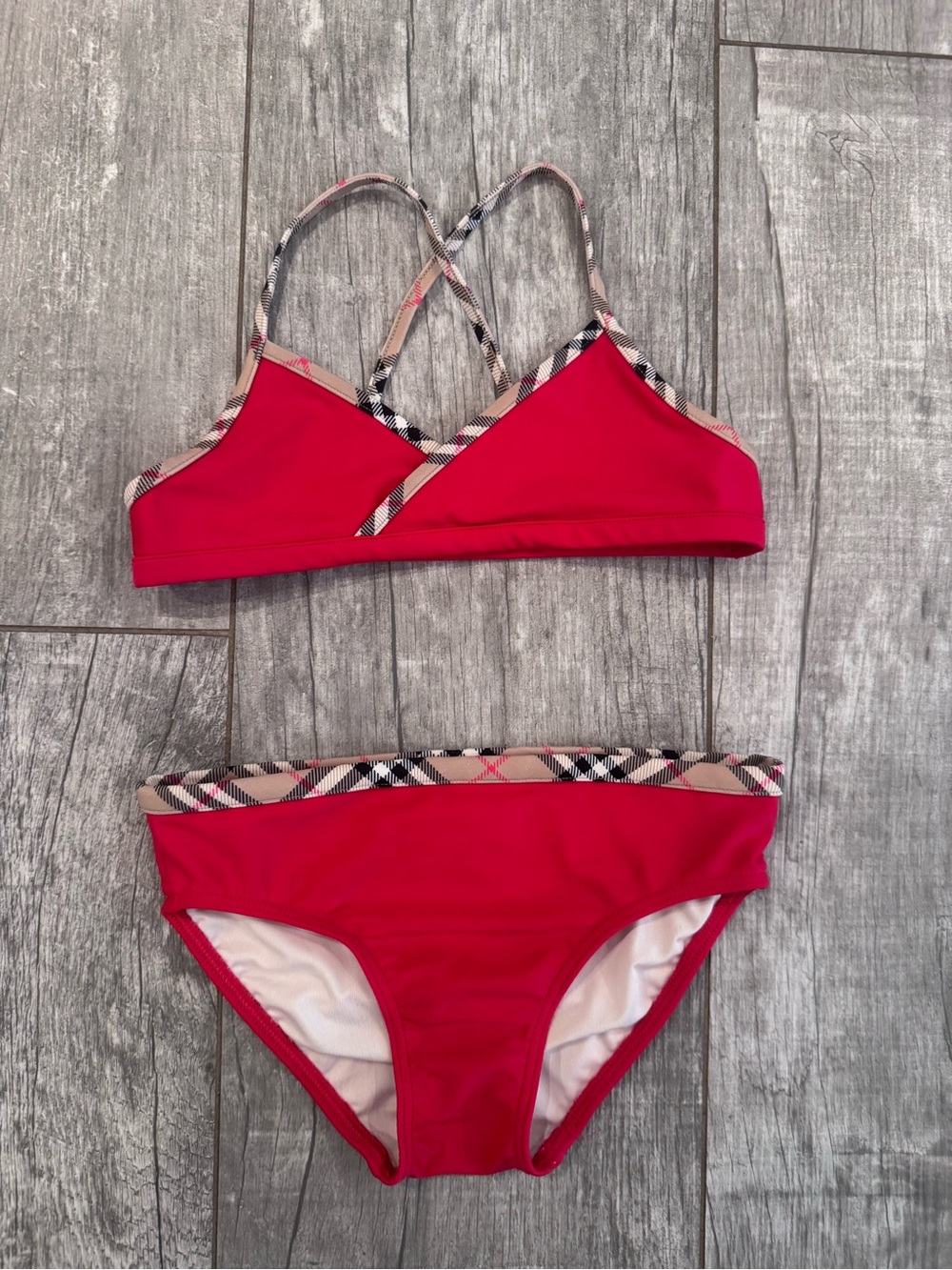 Burberry Red Girls' Two-Piece Swim Bikini with Plaid Trim